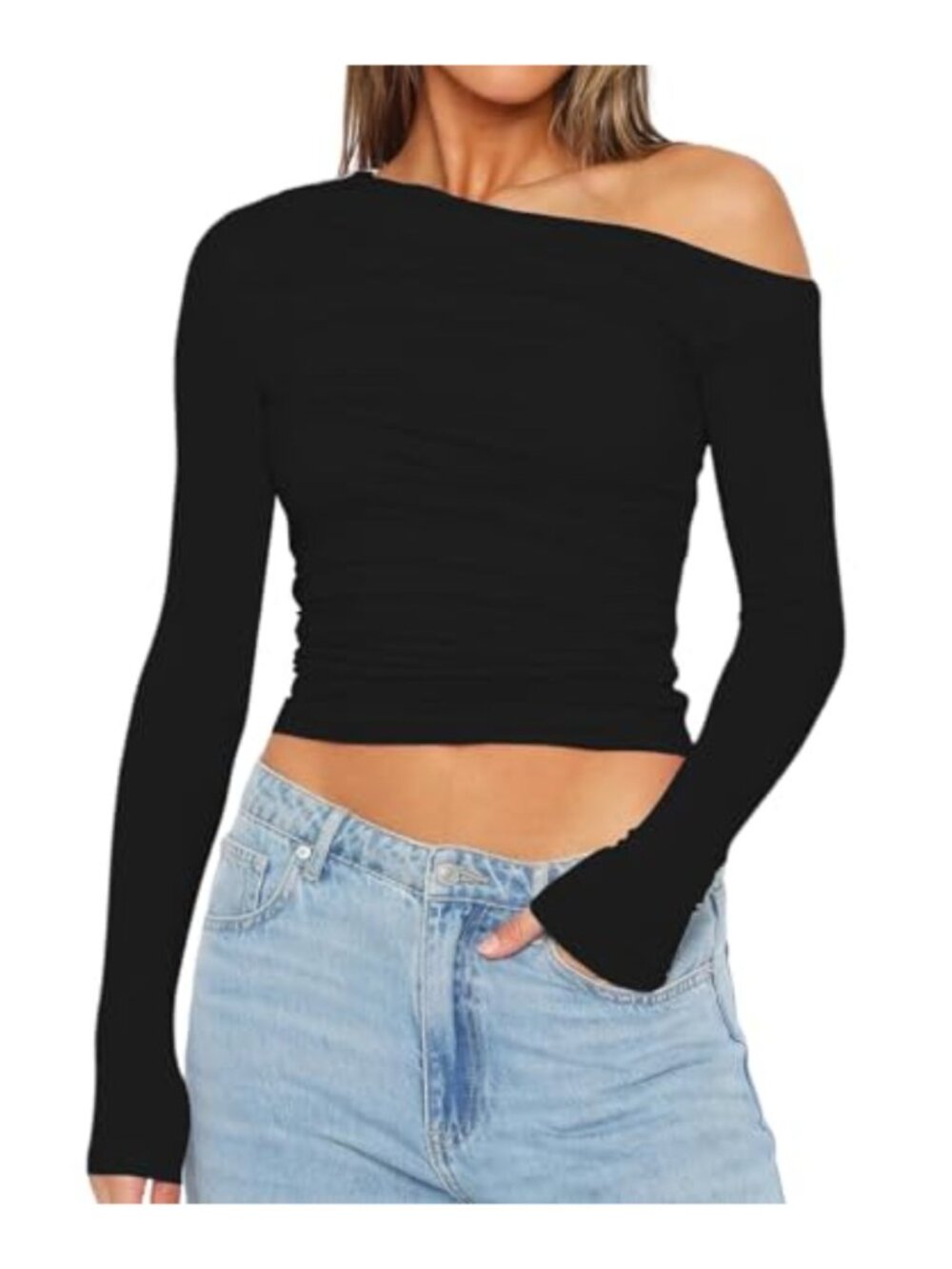 Long Sleeve Off Shoulder Crop Top Y2K Ruched Tee